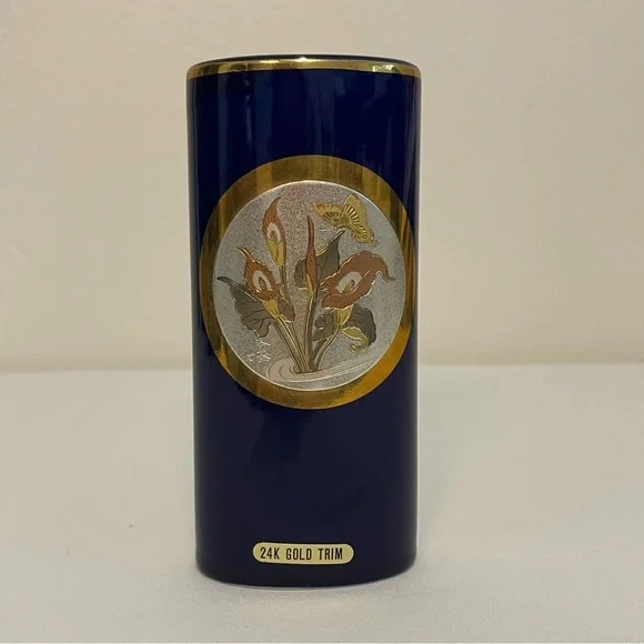 Luxurious Chokin Japan Gold Accented Blue Vase - Picture 1 of 7